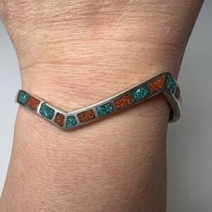 Turquoise & Coral Sterling Silver 925 Cuff Bracelet